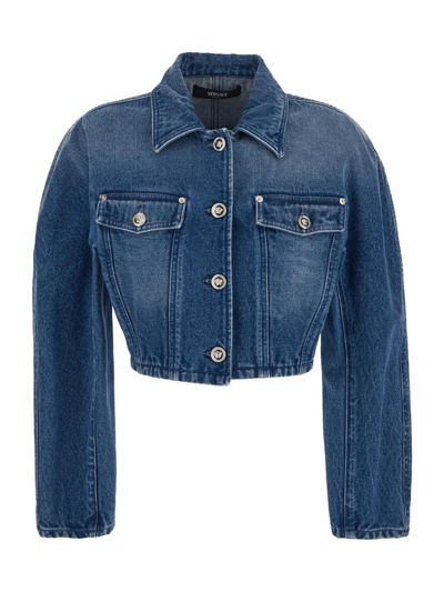 Shop Versace Rounded Crop Denim Jacket In Blue