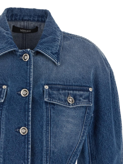 Shop Versace Rounded Crop Denim Jacket In Blue