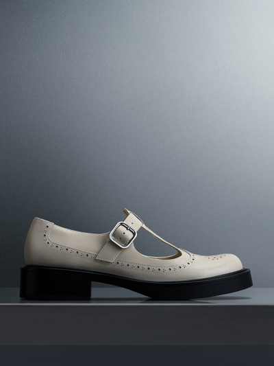 Shop Charles & Keith - Brogue Leather T-bar Mary Janes In Chalk