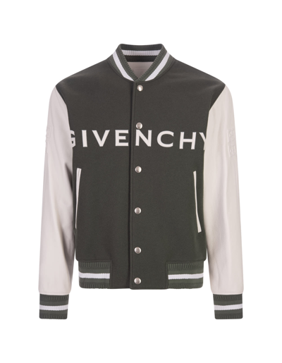 Shop Givenchy Grey Green And White  Bomber Jacket In Wool And Leather In Verde