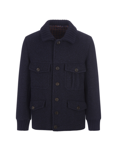 Shop Etro Navy Blue Jacket With Knitted Details