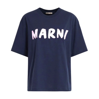 Shop Marni Logo Print Organic Jersey Shirt In Blublack