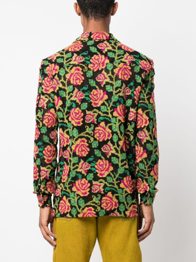 Shop Baziszt Floral-embroidery Cotton Shirt In Black