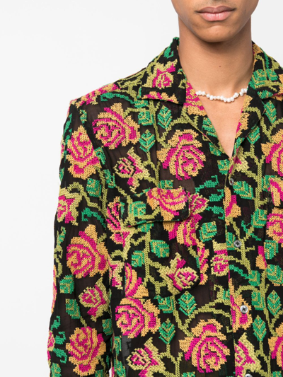 Shop Baziszt Floral-embroidery Cotton Shirt In Black