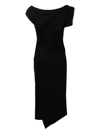 Shop Del Core Black Asymmetrical Midi Dress With Ruffles In Nero