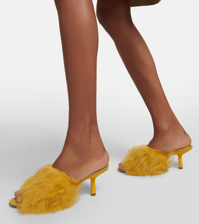 Shop Burberry Jackie Shearling And Leather Mules In Yellow