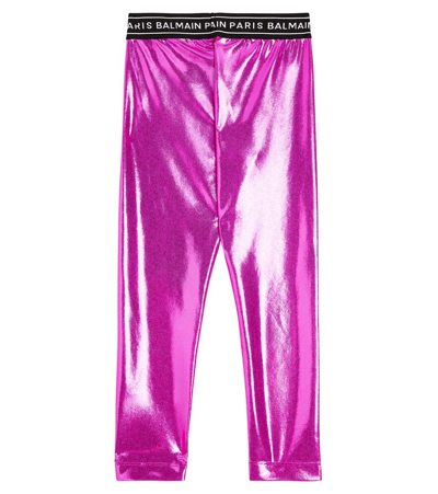 Balmain Logo-print Metallic-finish Leggings In Purple