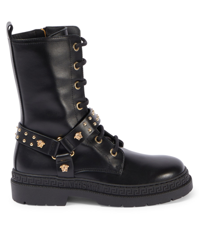 Shop Versace Medusa Leather Lace-up Boots In Black