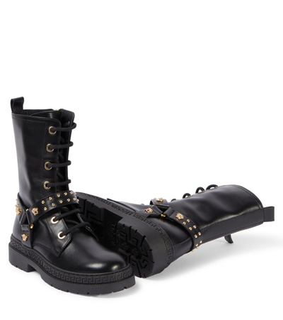 Shop Versace Medusa Leather Lace-up Boots In Black