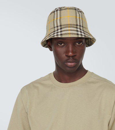 Shop Burberry Check Cotton Bucket Hat In Beige