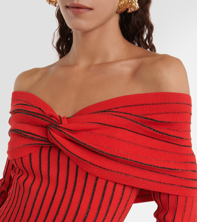 Shop Balmain Knitted Off-shoulder Top In Red