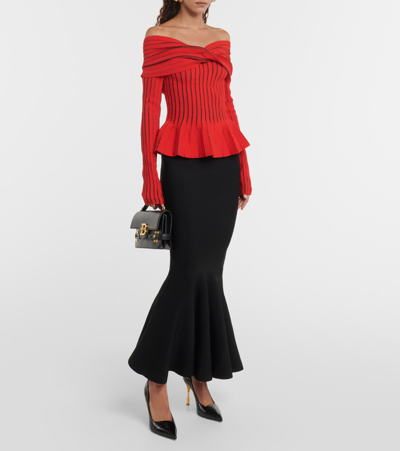 Shop Balmain Knitted Off-shoulder Top In Red