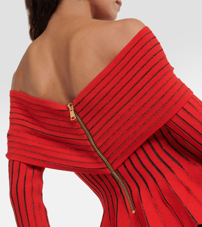 Shop Balmain Knitted Off-shoulder Top In Red