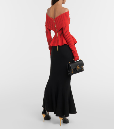 Shop Balmain Knitted Off-shoulder Top In Red