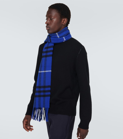 Shop Burberry Check Wool And Cashmere Scarf In Blue