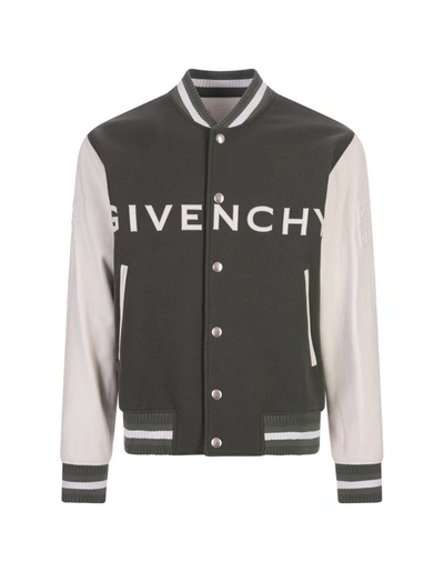 Shop Givenchy Grey And White  Bomber Jacket In Wool And Leather In Green