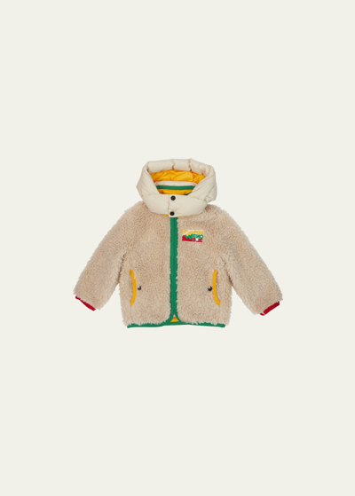 Shop Moncler Girl's Combo Faux Fur Logo-print Jacket In Light Beige