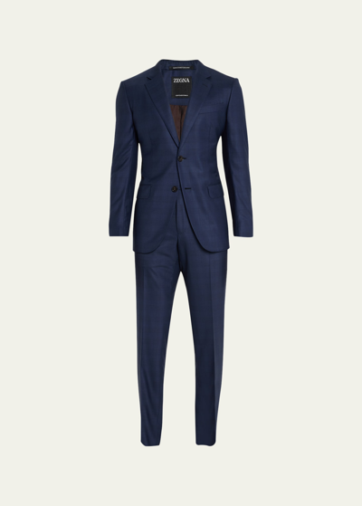 Shop Zegna Men's Centoventimila Tonal Plaid Wool Suit In Blue Navy Check