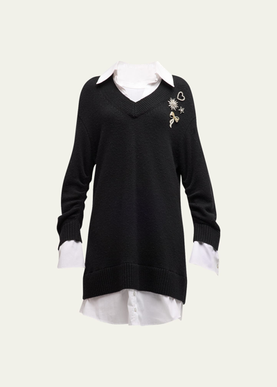 Shop Cinq À Sept Santina Cashmere-blend Embellished Combo Mini Dress In Blackwhite