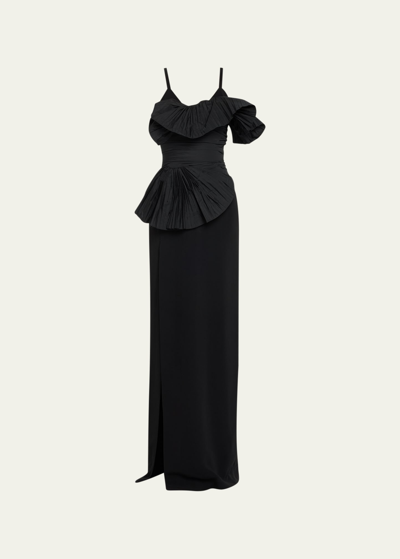 Shop Elie Saab Crepe And Taffeta Column Gown With Pleated Applique Detail In Black