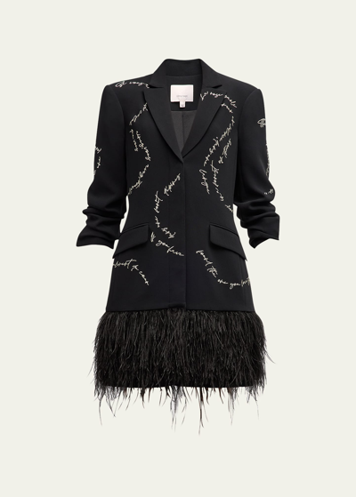 Shop Cinq À Sept Joel Feather And Script Embellished Crepe Mini Dress In Black