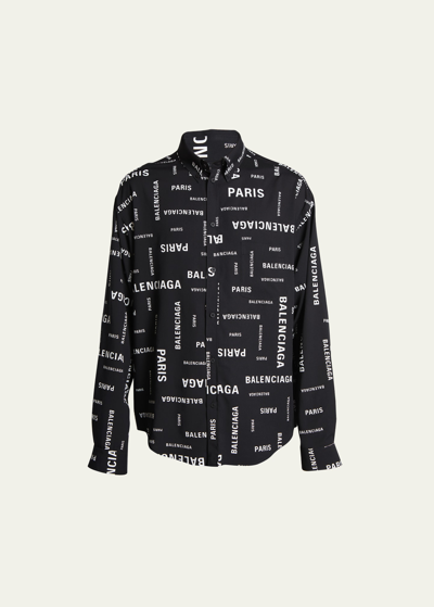 Shop Balenciaga Men's Allover-logo Sport Shirt In Noir/ecru