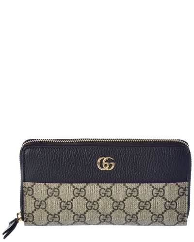 Shop Gucci Gg Marmont Gg Supreme Canvas & Leather Zip Around Wallet In Black