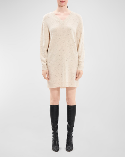Shop Theory Wool-cashmere Short Donegal Sweater Dress In Cream Multi