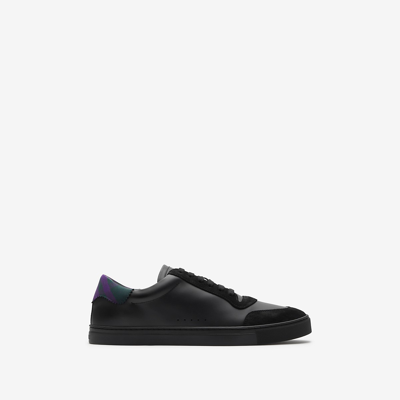 Shop Burberry Leather And Check Cotton Sneakers In Black/royal