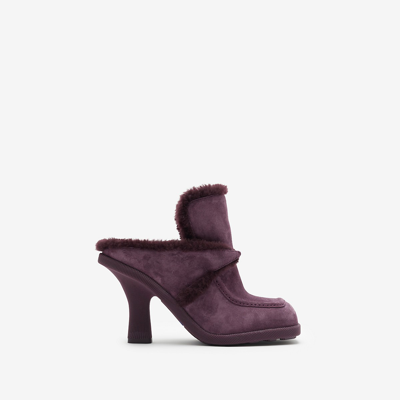 Shop Burberry Suede And Shearling Highland Mules In Aubergine