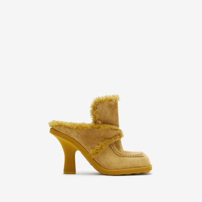 Shop Burberry Suede And Shearling Highland Mules In Manilla/amber Yellow