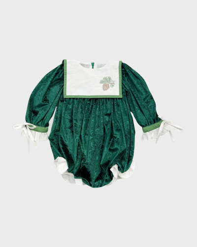 Petite Maison Girls' Everly Damask Green Velour Romper - Baby, Little Kid In Green