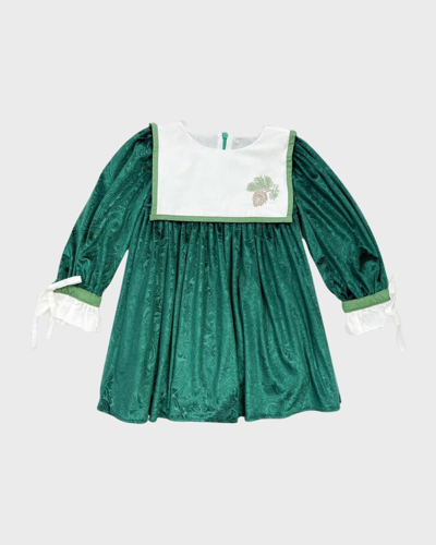 Shop Petite Maison Girl's Everly Damask Velour Bib-collar Dress In Green