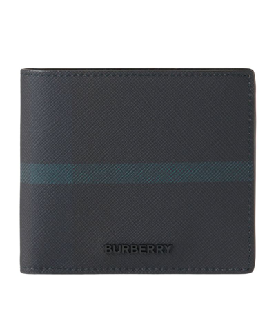 Shop Burberry Leather Check Bifold Wallet In Blue