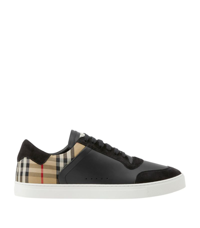 Shop Burberry Leather Check Sneakers In Black