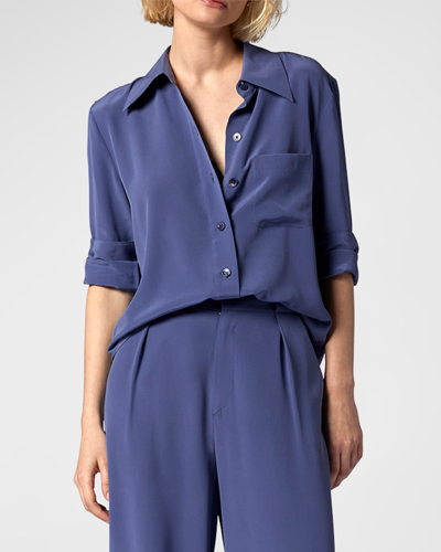 Shop Equipment Quinne Spread-collar Button-down Silk Shirt In Blue Indigo