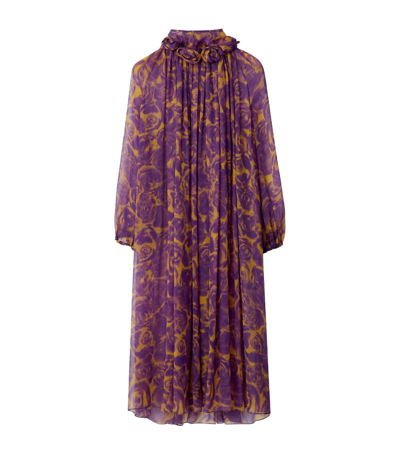 Shop Burberry Silk Rose Print Midi Dress In Purple