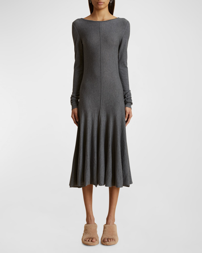 Shop Khaite Dany V-back Wool Midi Dress In Sterling