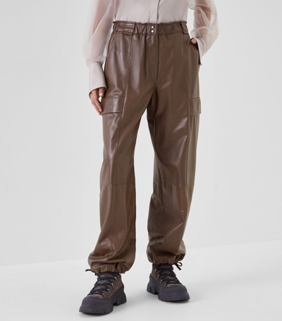 Shop Brunello Cucinelli Leather Cargo Trousers In Brown