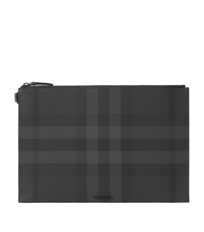 Shop Burberry Large Check Zip Pouch In Charcoal