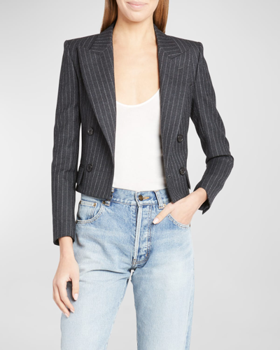 Shop Saint Laurent Pinstripe Crop Double-breasted Blazer Jacket In Gris Blanc