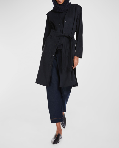 Shop Max Mara Belted Button-down Faux Suede Vest In Navy