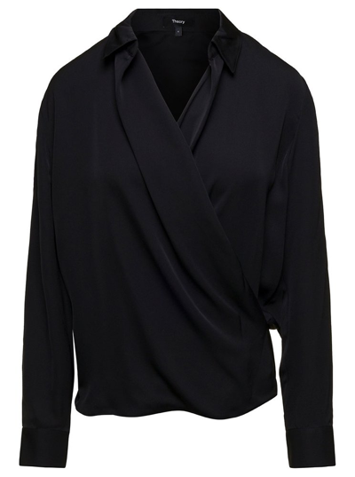 Shop Theory Wrapped Satin Blouse In Black