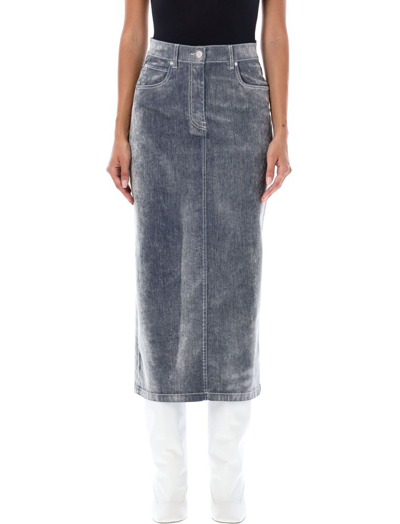 Shop Msgm High Waist Velour Midi Skirt In Grey