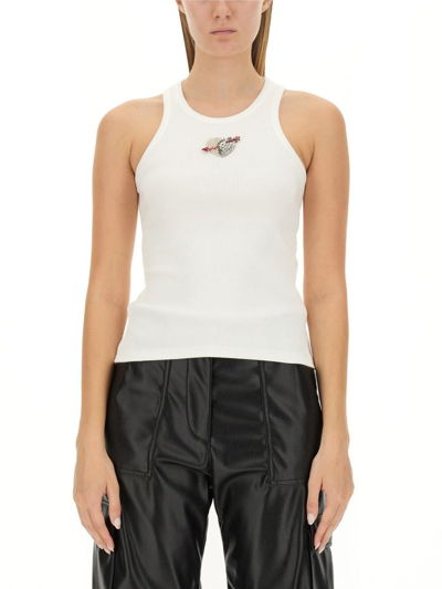 Shop Msgm Heart Embellished Ribbed Tank Top In White
