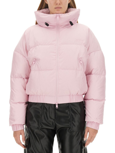 Shop Msgm Funnel Neck Quilted Cropped Padded Jacket In Pink