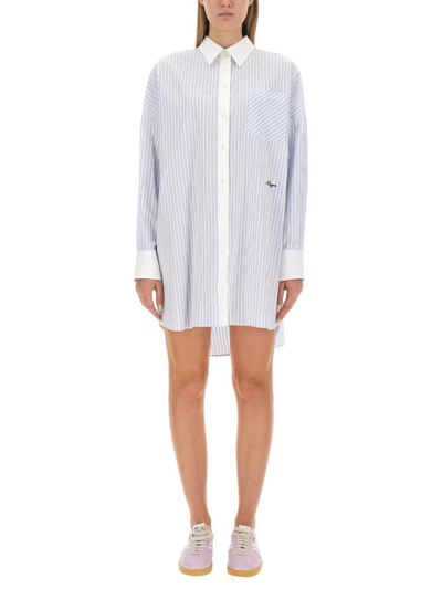 Shop Msgm Logo Embroidered Striped Shirt Dress In Multi