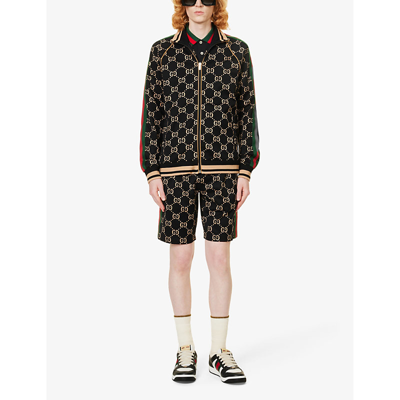 Shop Gucci Men's Black Camel Mc Monogram Side-stripe Cotton-jersey Shorts