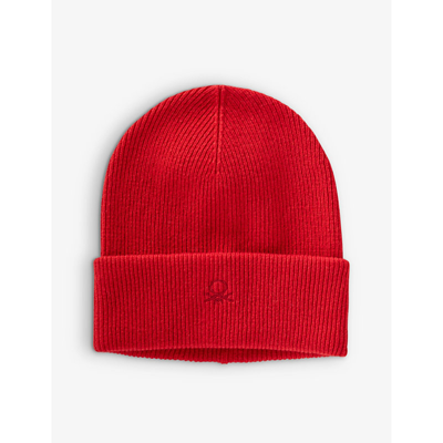 Shop Benetton Boys Red Kids Logo-embroidered Wool-blend Beanie Hat 6-14 Years
