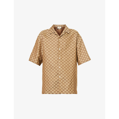 Shop Gucci Men's Camel Ebony Archivio Patch-pocket Relaxed-fit Linen-blend Shirt